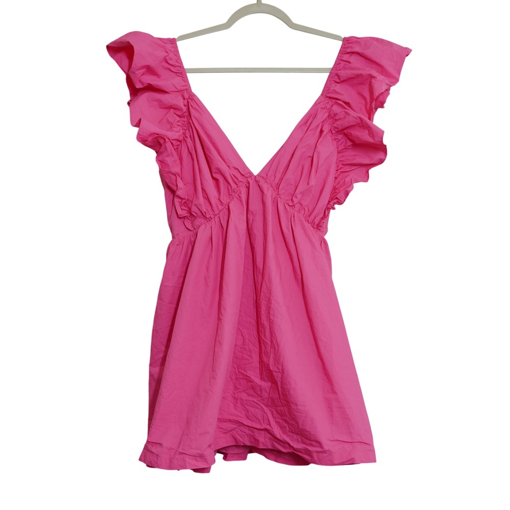 Showpo Mini Dress US 10 Hot Pink Ruffle Sleeve V-Neck Tie Back Cotton Party Fun
